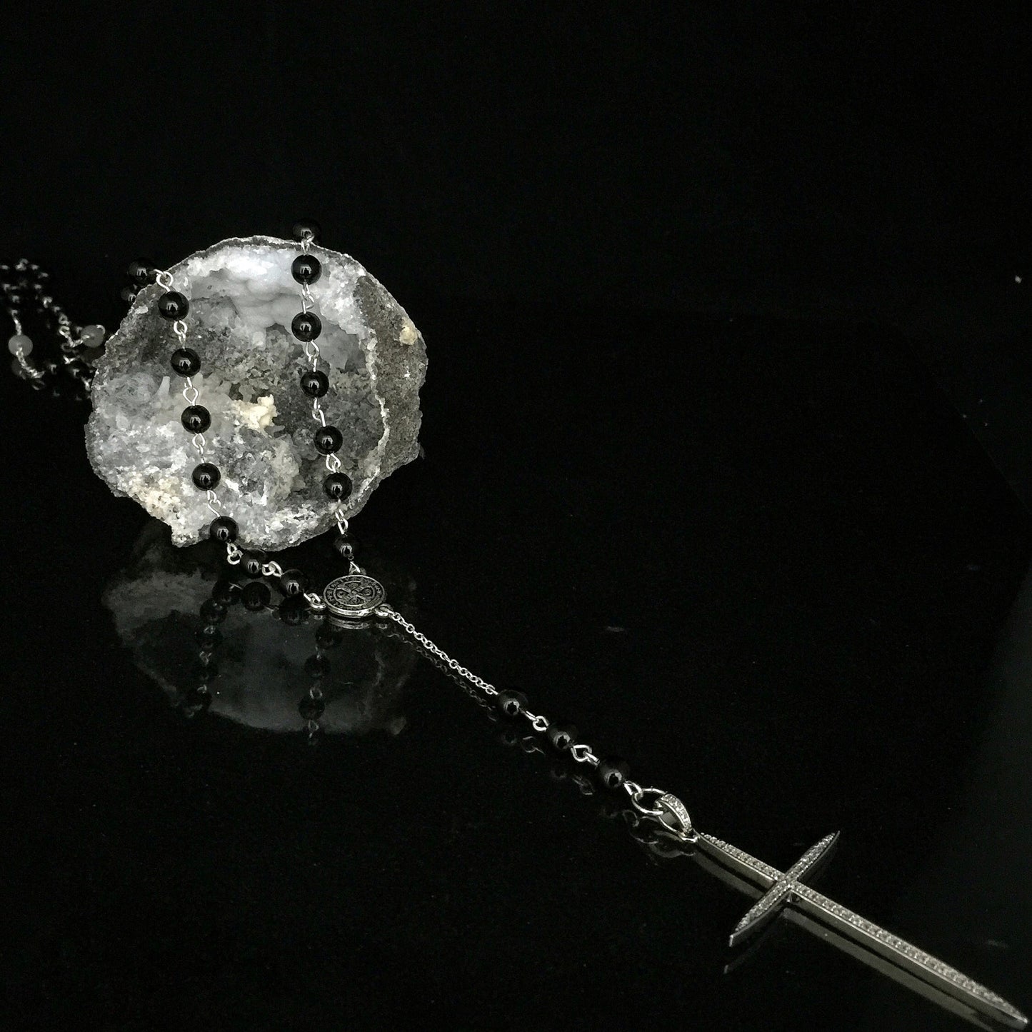 Rosary- Black Onyx, Moonstone & Micro Pave Cross