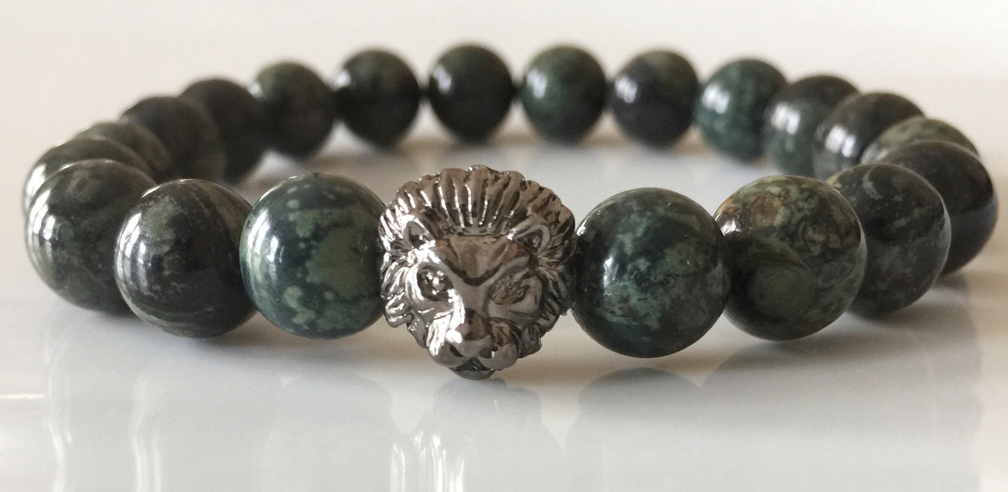 Fidelis Collection - Kambaba Jasper and Pewter Lion Head Bracelet