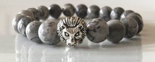 Fidelis Collection - Picasso Jasper and Pewter Lion Head Bracelet