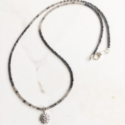 Faceted Black Spinel and Obsidian Necklace with Sunburst Micropave CZ Pendant