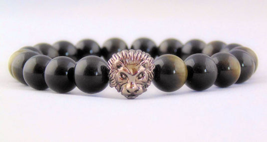 Fidelis Collection - Golden Obsidian and Pewter Lion Head Bracelet