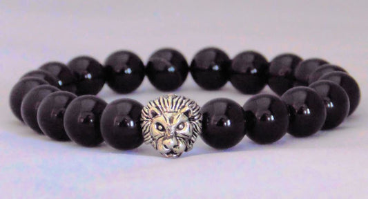 Fidelis Collection - Onyx and Pewter Lion Head Bracelet