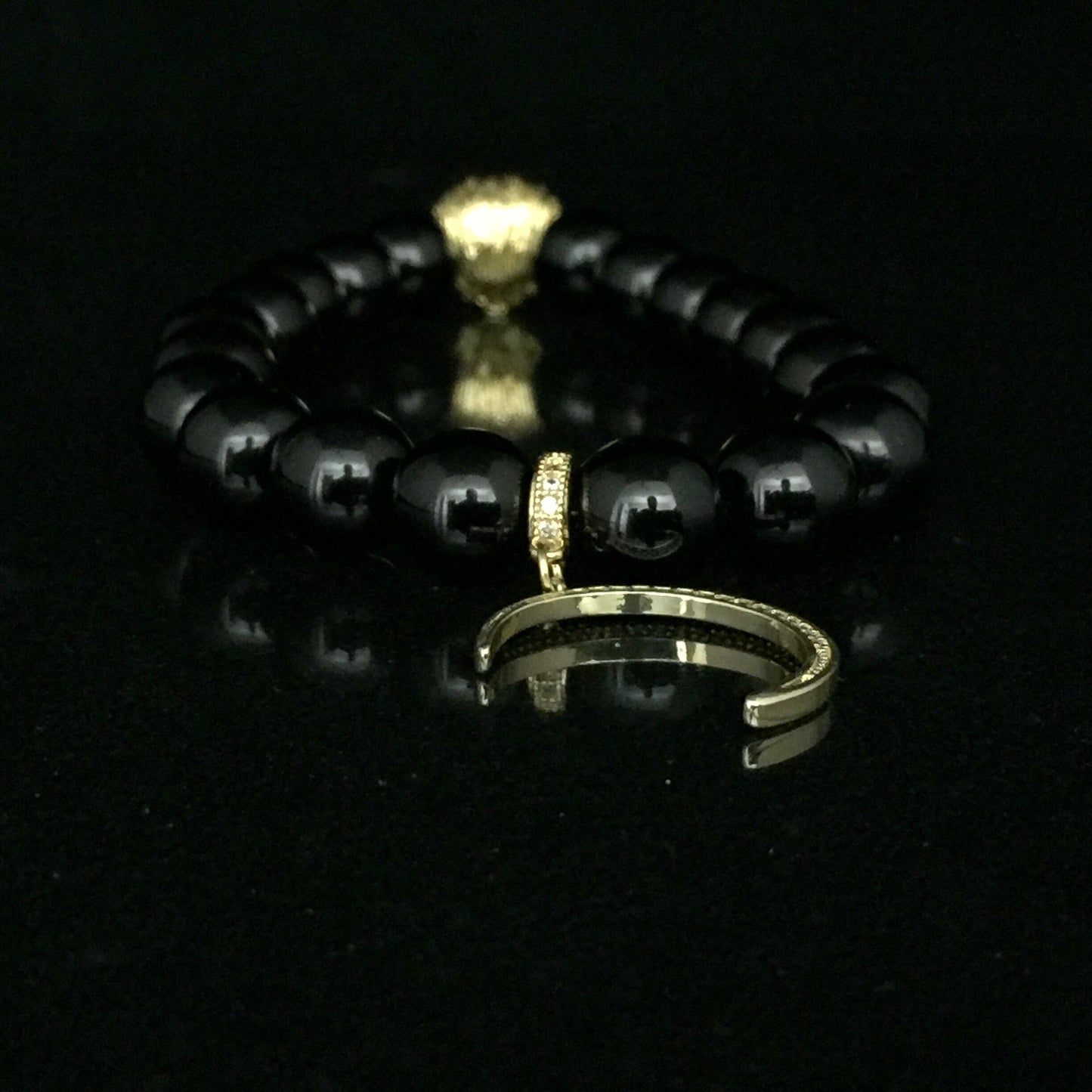 Fidelis II Collection - Black Onyx & Gold Tone Micro Pave Moon Bracelet