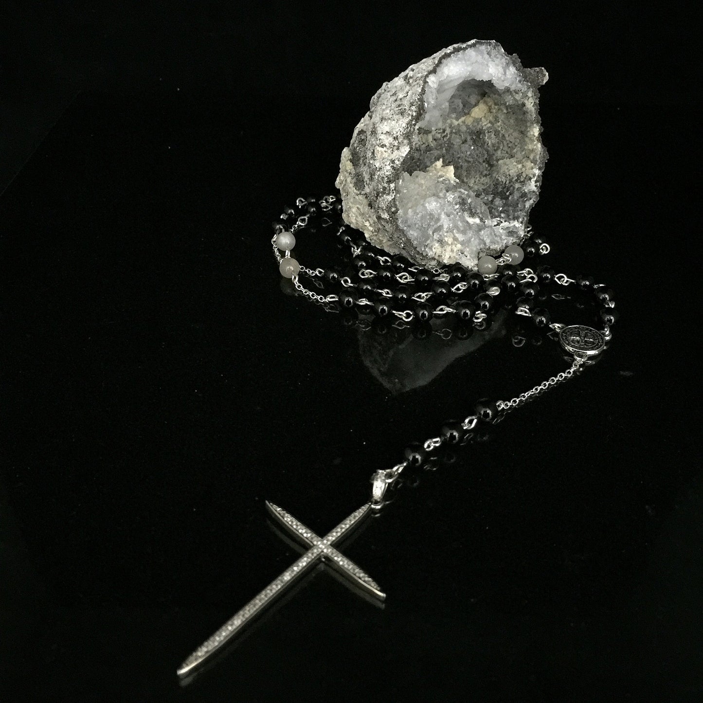 Rosary- Black Onyx, Moonstone & Micro Pave Cross