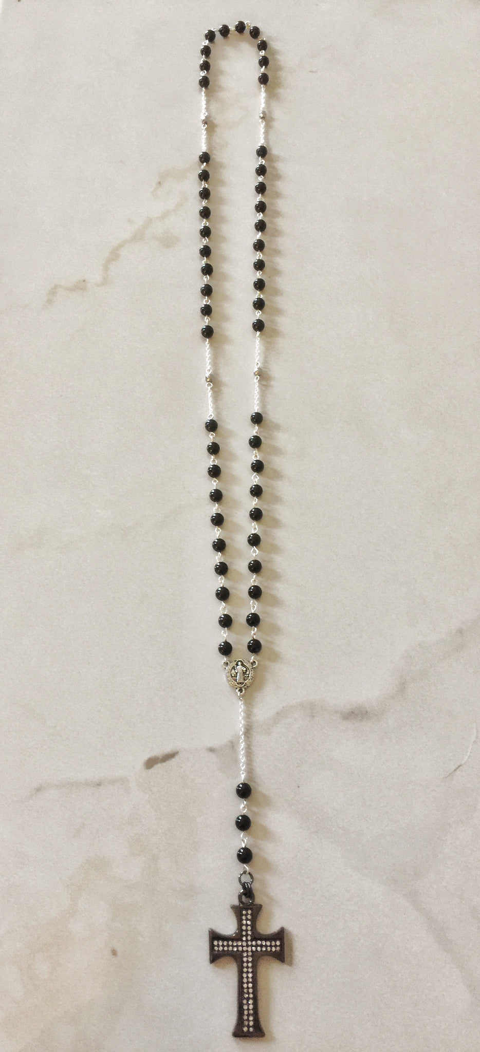 Rosary- Black Onyx, Silver Hematite & Pave Set Rhinestone Cross