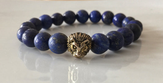 Fidelis Collection - Lapis Lazuli and Pewter Lion Head Stretch Bracelet