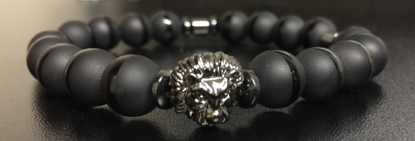 Fidelis II Collection -Matte Black Onyx, Hematite, and Pewter Lion Head Bracelet